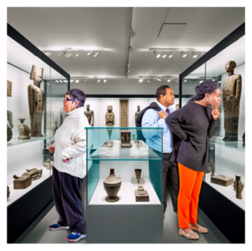 People looking at objects in glass cases