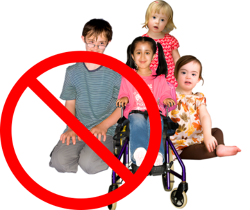 A photograph of some children with a not allowed sign