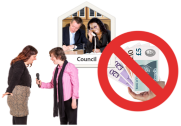 A picture of the council next to a picture of money with a no entry sign across it, and a picture of a woman being interviewed by a reporter