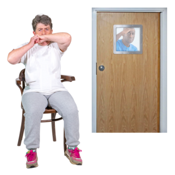 A woman on a chair looking anxious with someone looking at her through a locked door