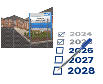 A picture of a secure hospital next to a list of years