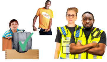 A woman watching her bag go in a tray, a man emptying his pockets and two security guards