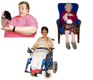 Someone with no money and old woman knitting and a young woman in a wheelchair