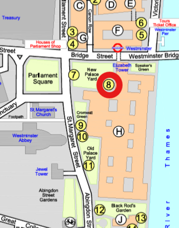 The Cromwell Green entrance to the Palace of Westminster is marked by a red circle around the number 8