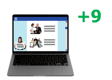 A plus sign and the number 9 beside a laptop showing some easy read information.