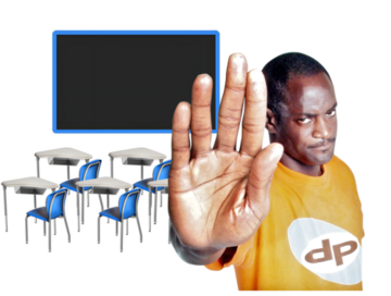 A man with his hand raised to stop someone next to a classroom