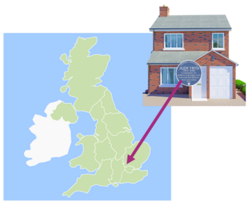 A map of the UK with an arrow pointing at where Judy Fryd lived and a picture of a house with a blue plaque