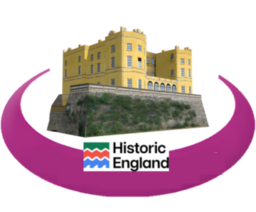 Historic England logo and a castle on a hill