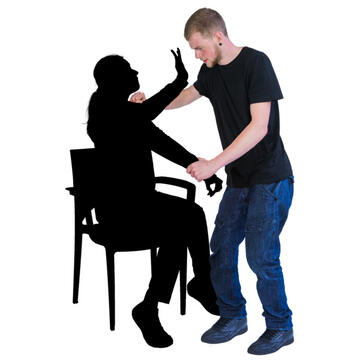 An outline of a person putting their hand up to stop a man who is holding the person by their arm and leading it towards his groin.