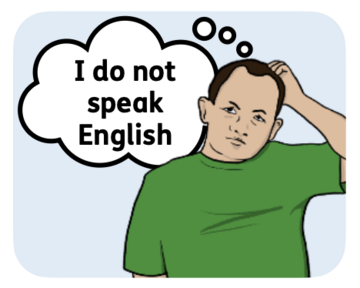NHS111 A man in a green t-shirt and a speech bubble says 'I do not speak English'