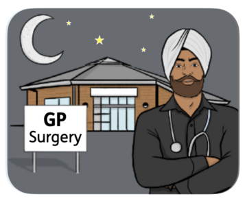 NHS111 a doctor stood outside a GP surgery at night time