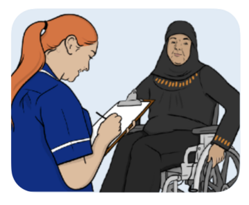 NHS111 a nurse taking notes from a woman in a wheelchair