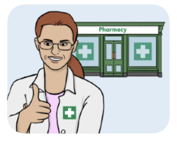 NHS111 a pharmacist with her thumb up stood outside a pharmacy