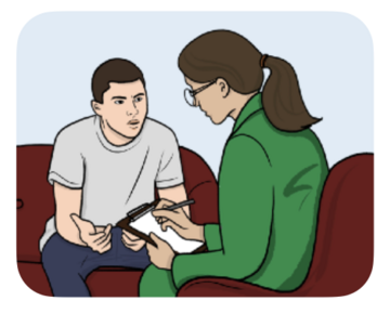NHS111 a specialist talking to a man sitting opposite her and taking notes
