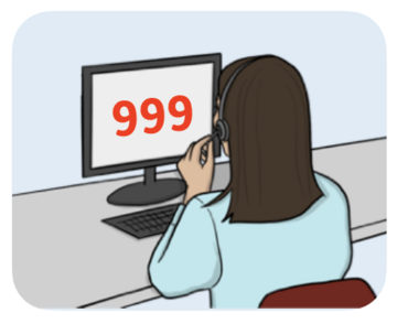 NHS111 a woman on the phone looking at a computer screen with 999 on it