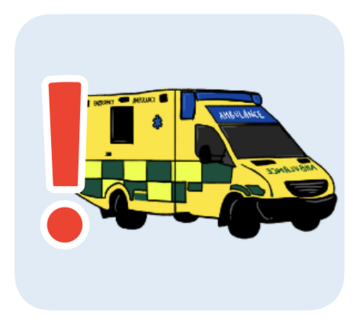 NHS111 and ambulance with a red exclamation mark