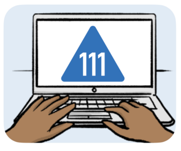 NHS111 a persons hands on a laptop - on the screen in the NHS 111 icon