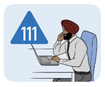 NHS111 icon and a man sitting at a desk with a laptop while on the phone