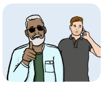 NHS111 a man with glasses with his thumb up and another man on the phone