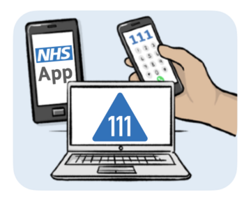 NHS111 laptop and a mobile phone and a mobile with NHS111 app