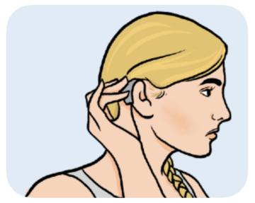 NHS111 a woman holding her blonde hair back to show her hearing aid