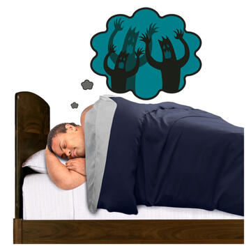 A man lying in bed asleep with a thought bubble with outlines of scary creatures in it.