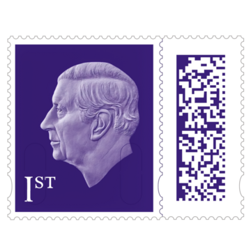 A picture of a Royal Mail first class stamp with the head of King Charles the third