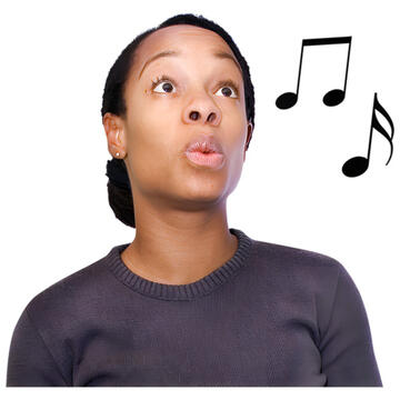 A woman whistling with musical notes beside her.