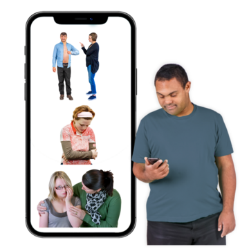 A man looking at his phone which has images of a person being made to undress, a woman looking sad and a woman being comforted by another woman.