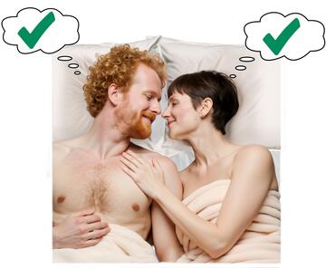 A man and a woman lying in bed looking at each other and smiling. They each have a thought bubble above their head with a green tick in it.