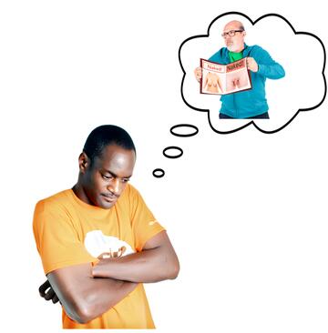 A man with crossed arms and his head down thinking about a man showing pictures of naked people.