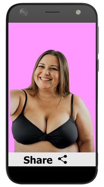 A selfie of a woman in her bra on someone's phone with a share symbol and the word share beneath it.