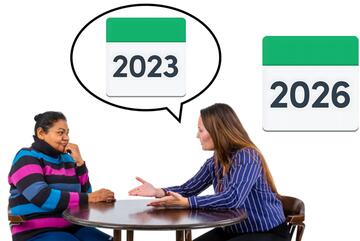 Two people sitting at a table with the year 2026 behind them. One person has a speech bubble with a 2023 calendar in it.