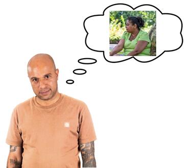 A man looking happy with a thought bubble by his head.  In the thought bubble is a woman sitting outside smiling.