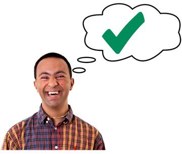 A man smiling with a thought bubble with a tick in it.