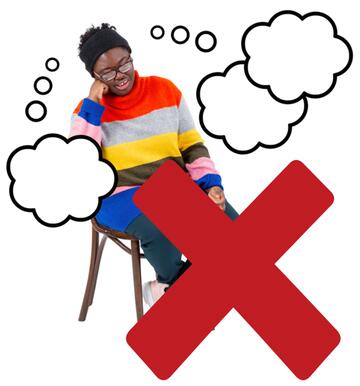 A red cross beside a woman sitting in a chair with several thought bubbles around her.