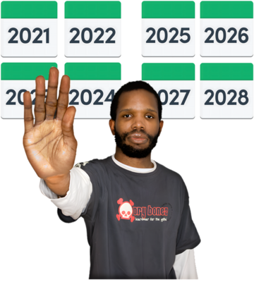 A man holding his hand up to stop things.  Behind him are calendars from 8 years.