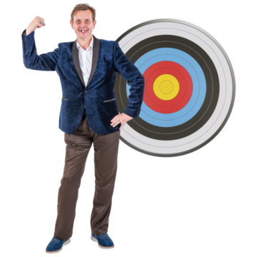A man flexing his muscles next to a target