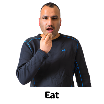 A man signing eat by bringing his fingers to his mouth.