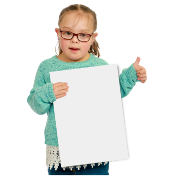 A young girl with her thumb up and holding a blank piece of paper.