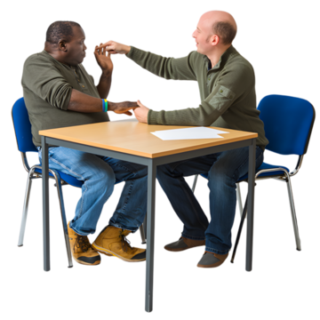 Two men sitting at a table.  One man is gently pushing the fingers of the other man to make a sign.