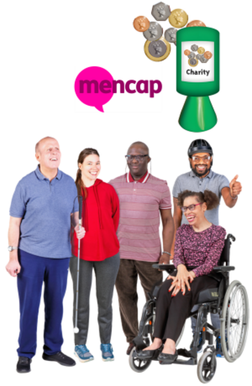 A group of people with learning disabilities. The Mencap logo and a charity collection tin