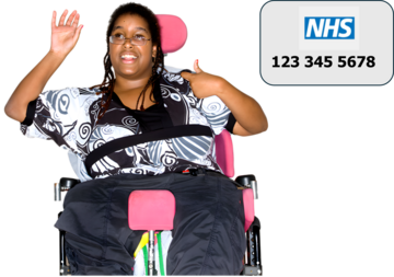 A woman in a wheelchair with her hand up and pointing to herself.  Beside her is a card which says NHS number and has some numbers written on it.