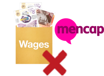 A wage packet next to the Mencap logo with a red cross next to it
