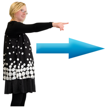 A woman pointing and an arrow pointing in the same direction.