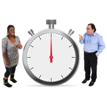 A stopwatch and 2 people