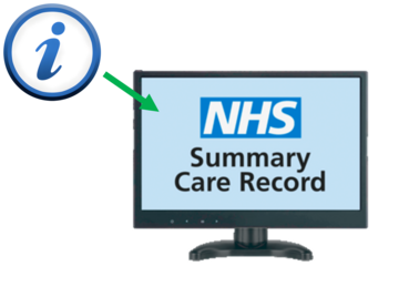 An information sign with an arrow pointing to a computer screen which say Summary Care Record on it.