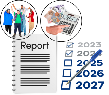 A report with 2 circles above it. In the circles are images of a group and someone adding up money.  Beside the report is a list of years, some have ticks beside them.  