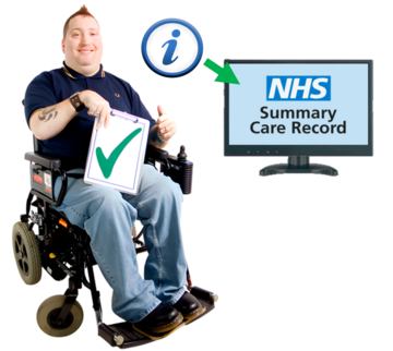 A man in a wheelchair holding a card with a green tick and with his thumb up.  Beside him is an information sign with an arrow pointing to a computer screen which says Summary Care Record.
