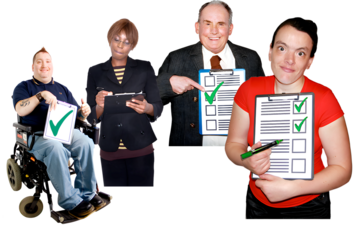 4 people each with a clipboard.  3 of the clipboards have a green tick on them.